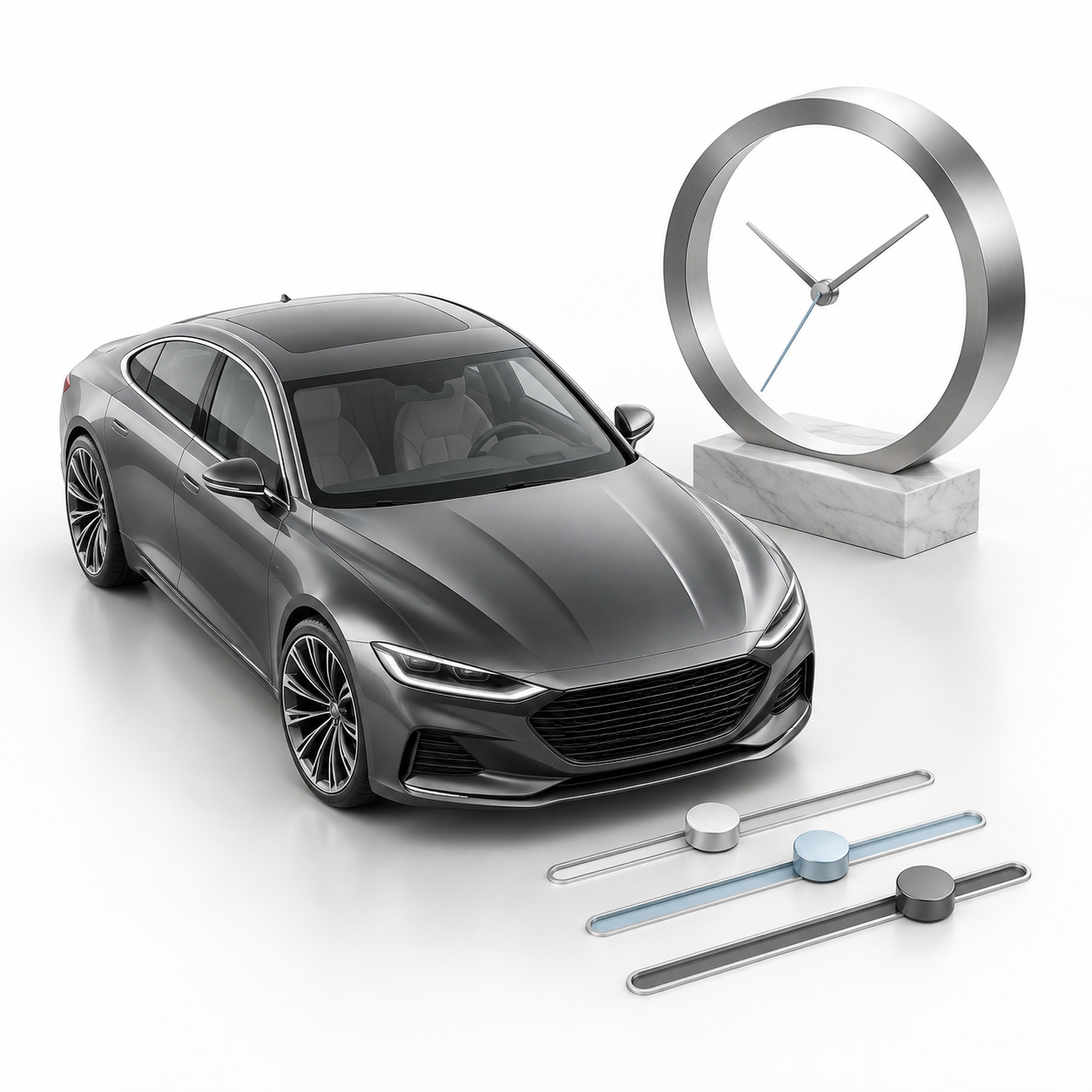 Graphite vehicle with a sculptural clock and operating controls on white